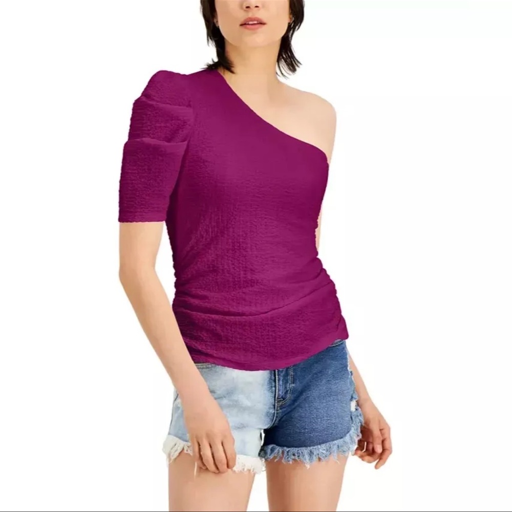 INC International Concepts Puckered One-Shoulder Top Cranberry Rose Size S
